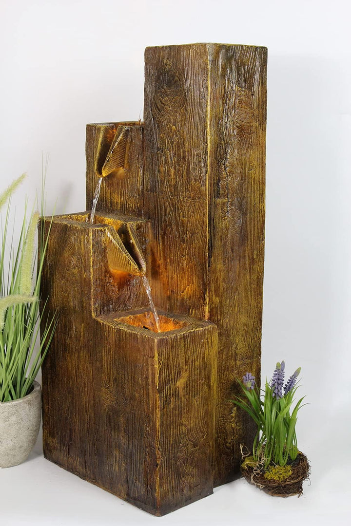 Gartenbrunnen BK823 in Holzoptik Springbrunnen Terrassenbrunnen Zimmerbrunnen mit Beleuchtung Warm W
