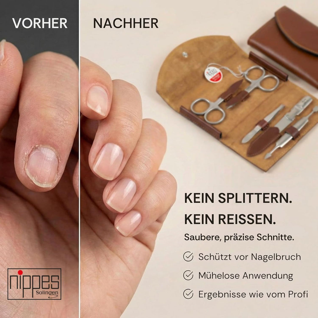 nippes Solingen Classic Premium-Maniküre Set, 5-teilig, Echtes Rindsleder-Nageletui, braun, Edelstah
