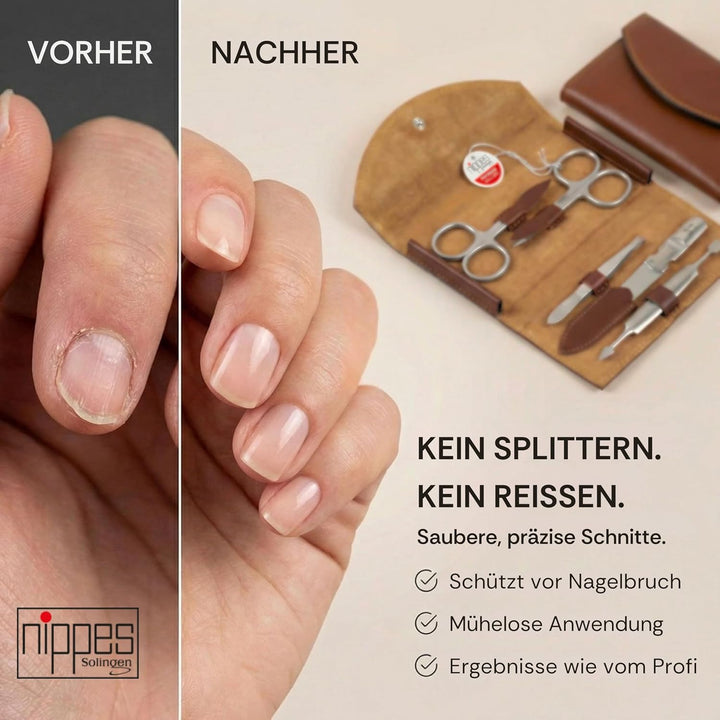 nippes Solingen Classic Premium-Maniküre Set, 5-teilig, Echtes Rindsleder-Nageletui, braun, Edelstah
