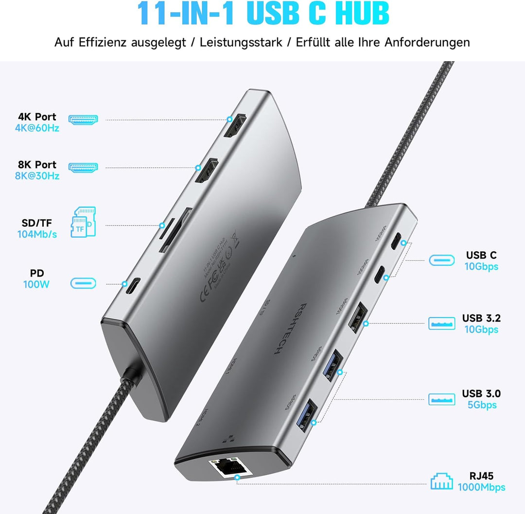 RSHTECH 11 in 1 MacBook Laptop Dockingstation mit 2 HDMI (8K und 4K), USB 3.2 und 3.0, 100W PD, SD/T