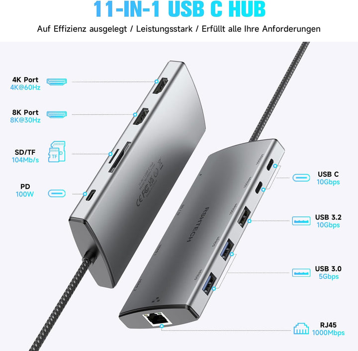 RSHTECH 11 in 1 MacBook Laptop Dockingstation mit 2 HDMI (8K und 4K), USB 3.2 und 3.0, 100W PD, SD/T
