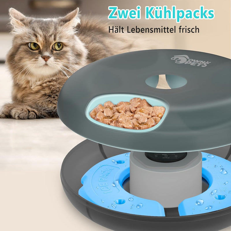 Ownpets 6 Mahlzeiten Automatischer Katzenfutterautomat für Nass-/Trockenfutter, mit 2 Kühlakkus, pro