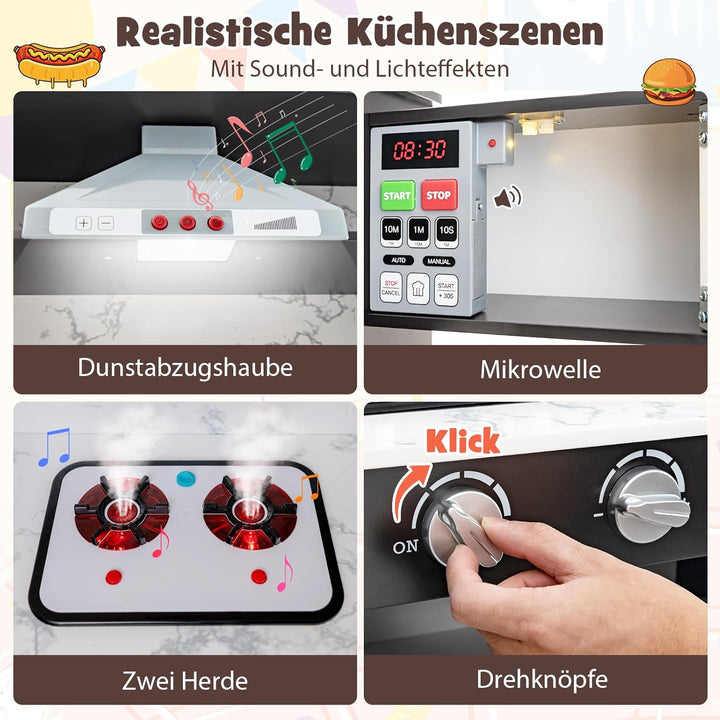 DREAMADE Kinderküche aus Holz mit 16 TLG. Spielzubehör, Kinder Küche Eckküche mit Tafel Herd Spüle B