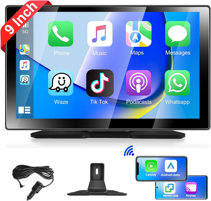 Podofo Wireless CarPlay Android Auto Tragbares Autoradio 9 Zoll IPS Touchscreen Autoradio Kabelloses