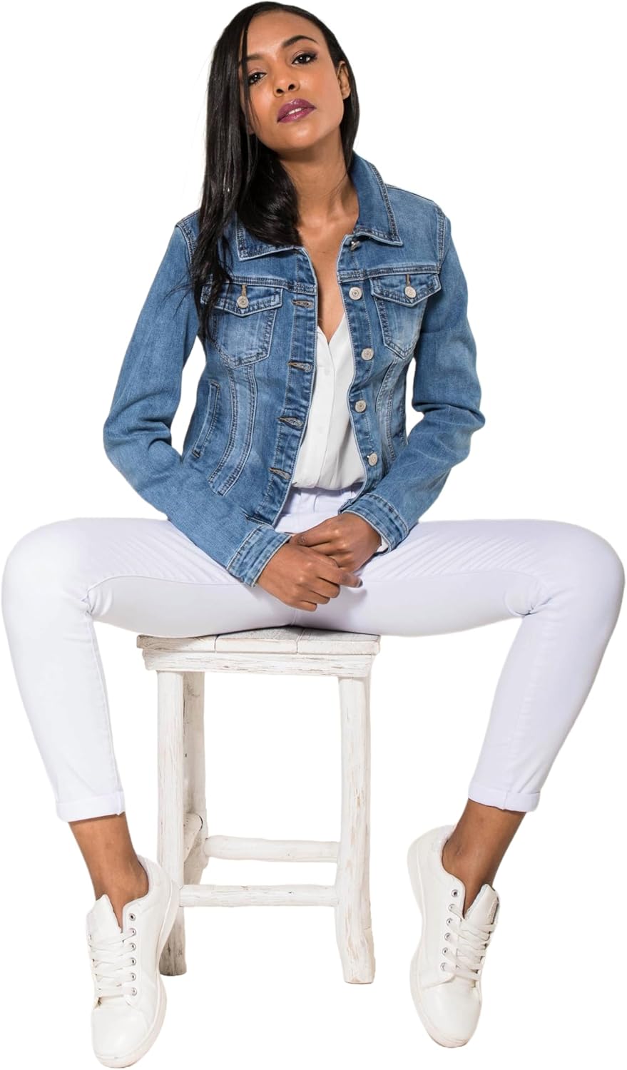 Nina Carter S338 Damen Jeansjacke Übergangsjacke Leichte Waschungseffekt Jacke Blau Denim Casual S H