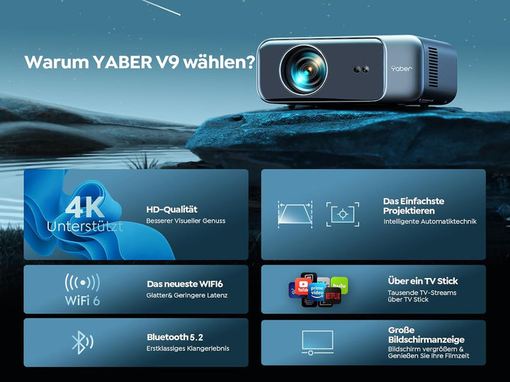 【Autofokus/Trapezkorrektur】 Beamer, Full HD 1080P WiFi6 Bluetooth Beamer 4K Unterstützt, YABER Pro V