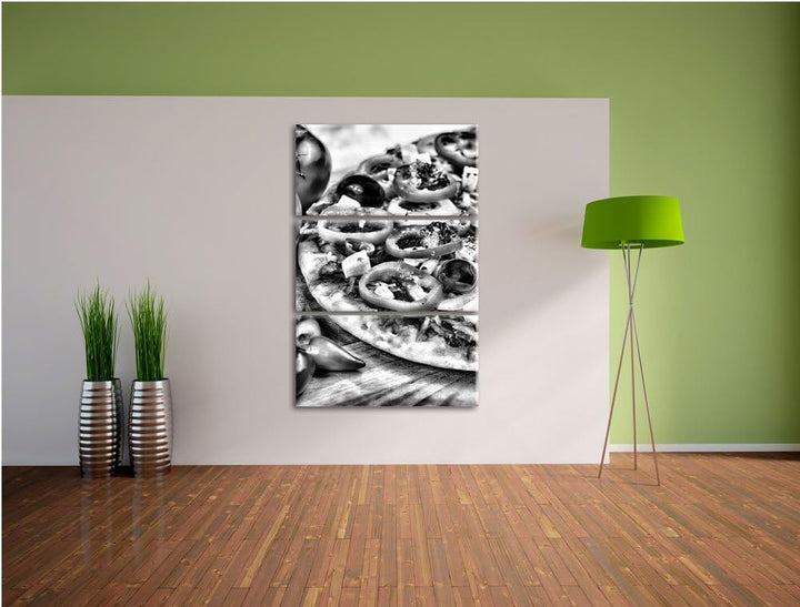 Pixxprint Monocrome, Pizza aus Italien 3-Teiler Leinwandbild 120x80 Bild auf Leinwand