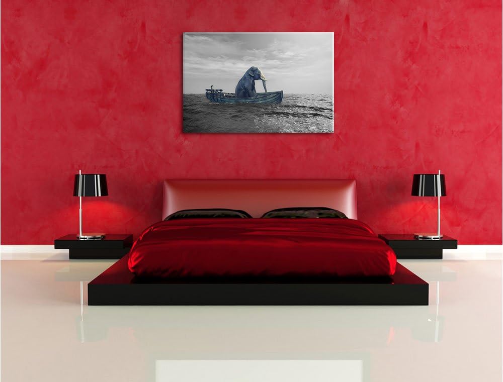 Pixxprint lustig sitzender Elefant im Boot B&W Detail, Format: 100x70 auf Leinwand, 100x70