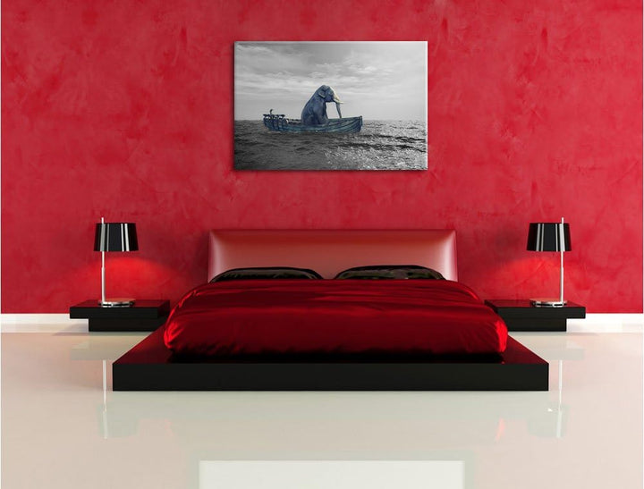 Pixxprint lustig sitzender Elefant im Boot B&W Detail, Format: 100x70 auf Leinwand, 100x70