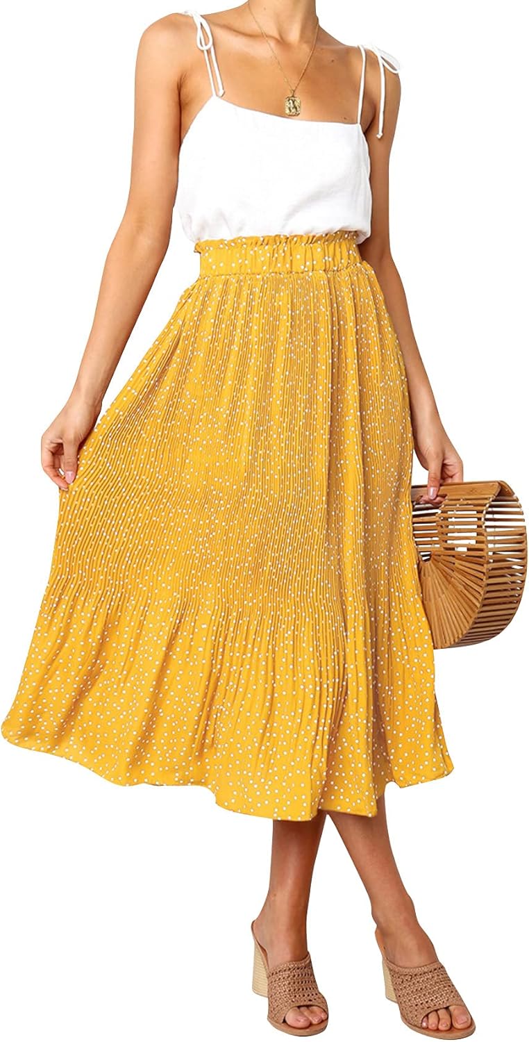 Hoerev Frauen Print Punkt mit Taschen Falten Langer Rock Beach Party Maxi Rock S Gelb Punkt, S Gelb