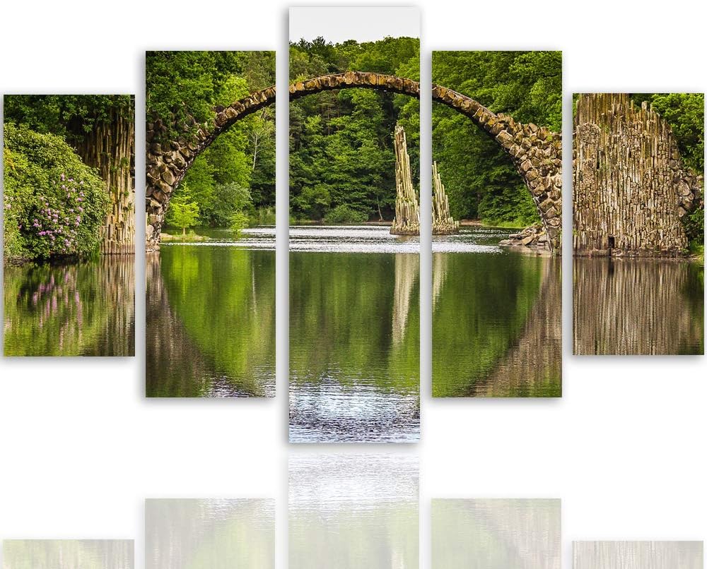 Feeby Leinwandbild 5 Teilig Landschaft Bild Wanddeko Brücke Wasser Wald grün 200x100 cm Leinwandbild