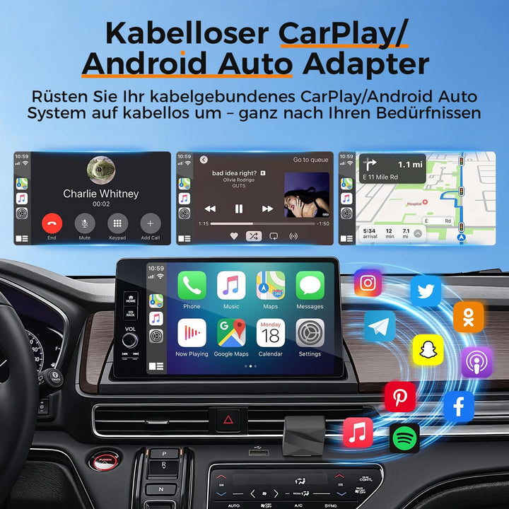 VOSFFEL Wireless Adapter Für CarPlay/Android Auto Kabelgebunden auf kabellos, CarPlay Wireless Adapt