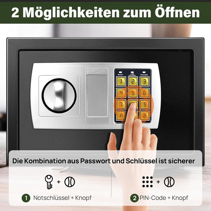 Elektronischer Safe, 8,5 l, Tresor, Mini-Tresor, wasserdicht und feuerfest, mit digitalem Schloss un