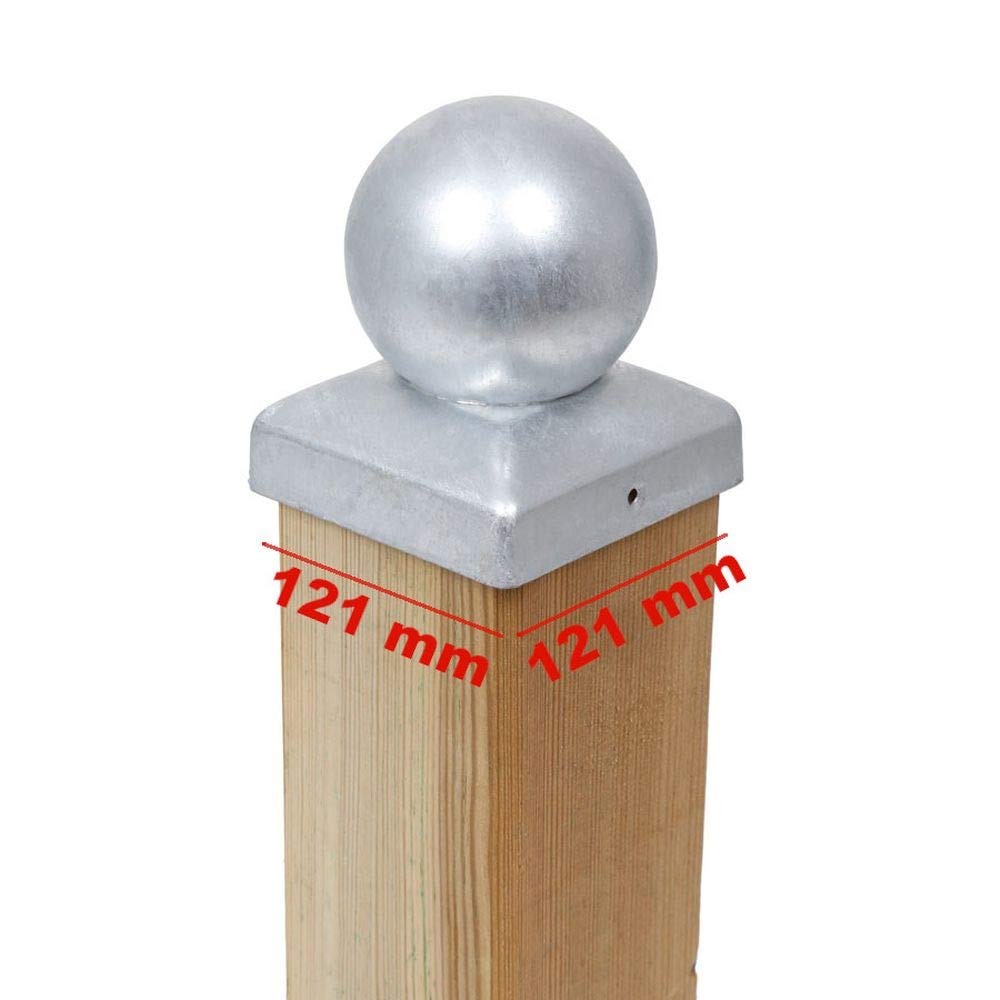 3 x Pfostenkappe 121x121 mm mit Kugel – Pfostenabdeckung aus Stahl feuerverzinkt für 120x120 mm Holz