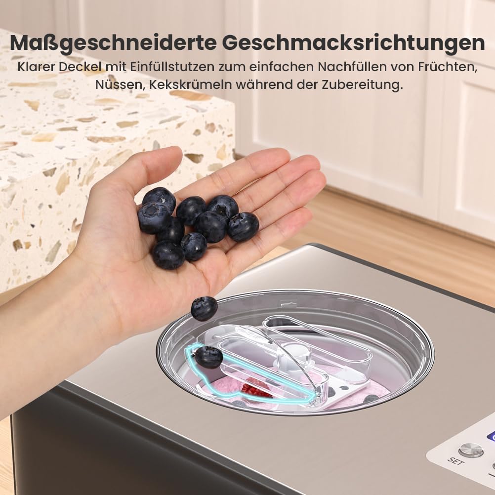 Acmeenjoy Eismaschine mit Kompressor 2L, Eismaschine Selbstkühlend Edelstahl 150W, mit Entnehmbarem