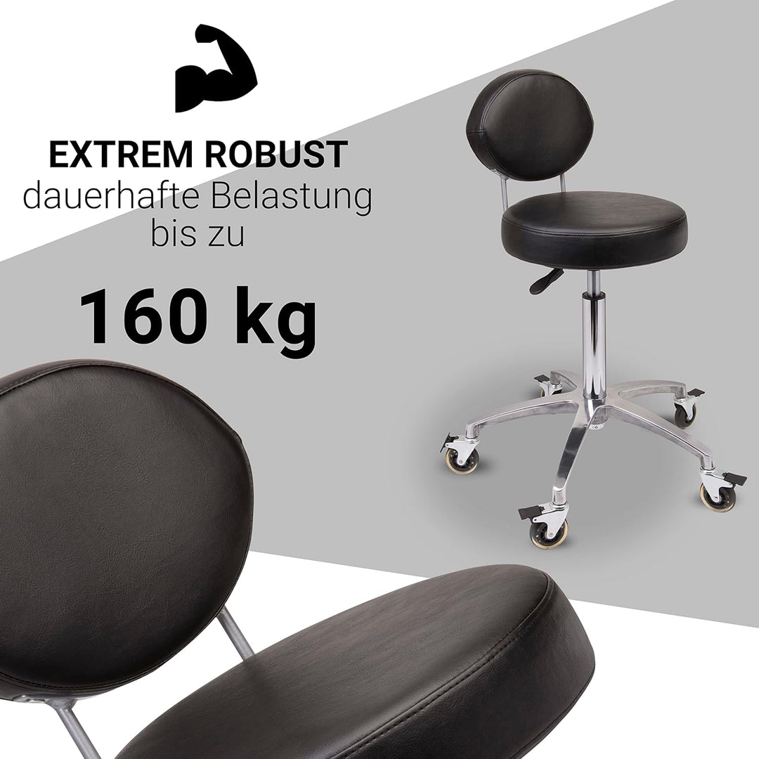 Staboos Rollhocker bis 160 kg - Premium Sitz rund mit Lehne und Fussstütze - Praxishocker (Premium R
