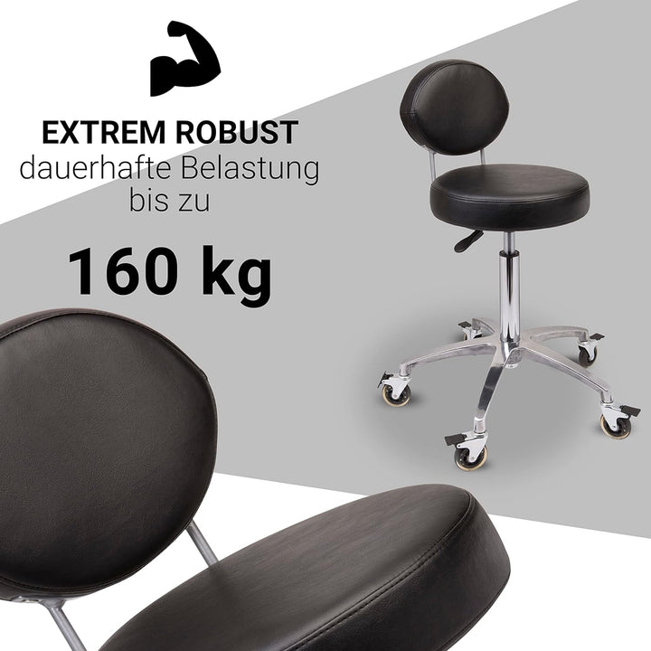 Staboos Rollhocker bis 160 kg - Premium Sitz rund mit Lehne und Fussstütze - Praxishocker (Premium R