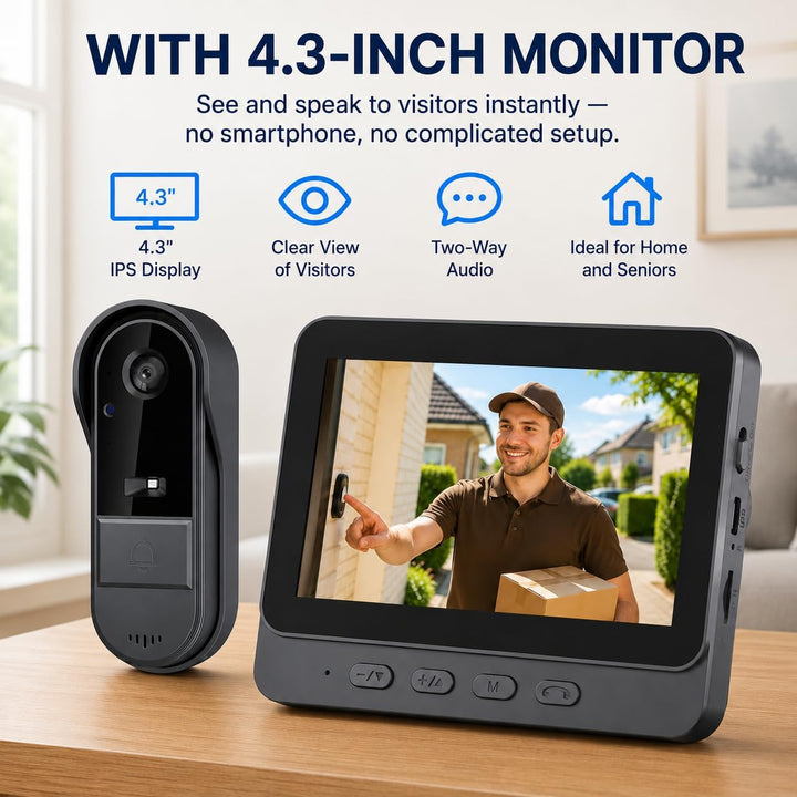 Winnes Kabellose Türklingel mit Kamera, Videotelefon, Bluetooth, mit IPS-Display von 4,3 Zoll, kabel