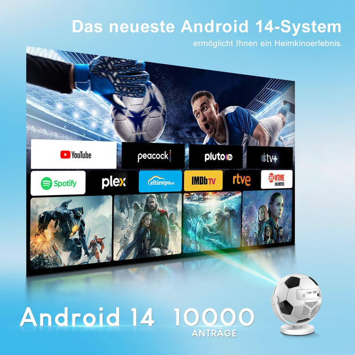 Mini Beamer Unterstützt 4K 2026,Smart Beamer Android 14,360° Fussball-Motiv,Smart Projektor Tragbare