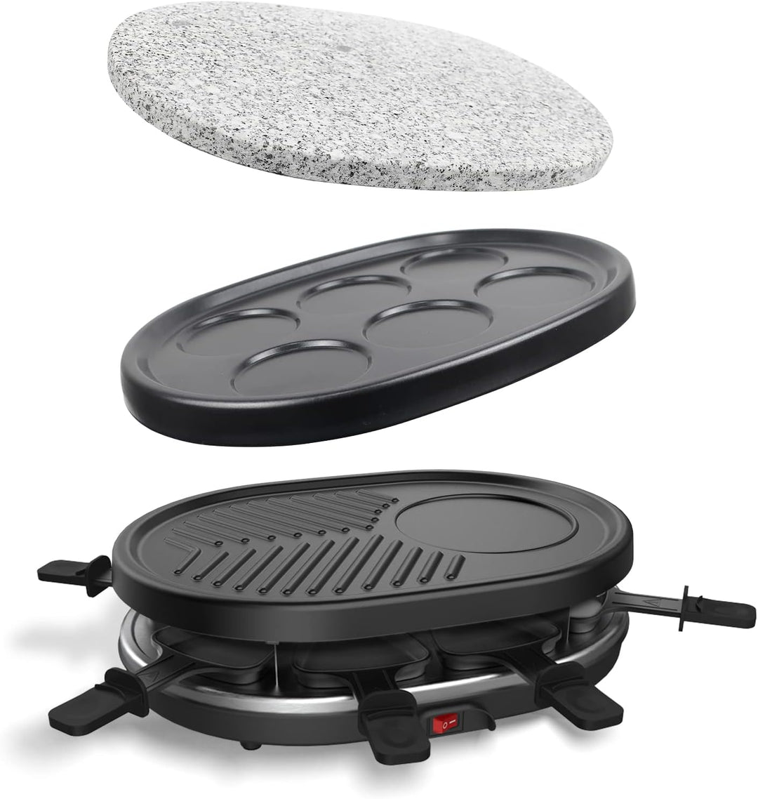 Leogreen - Raclette-Grill, Raclette 4 in 1 für 8 Personen, Elektrischer Grill, Steingrillplatte, Pfa