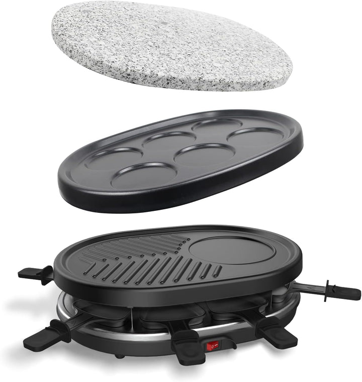 Leogreen - Raclette-Grill, Raclette 4 in 1 für 8 Personen, Elektrischer Grill, Steingrillplatte, Pfa