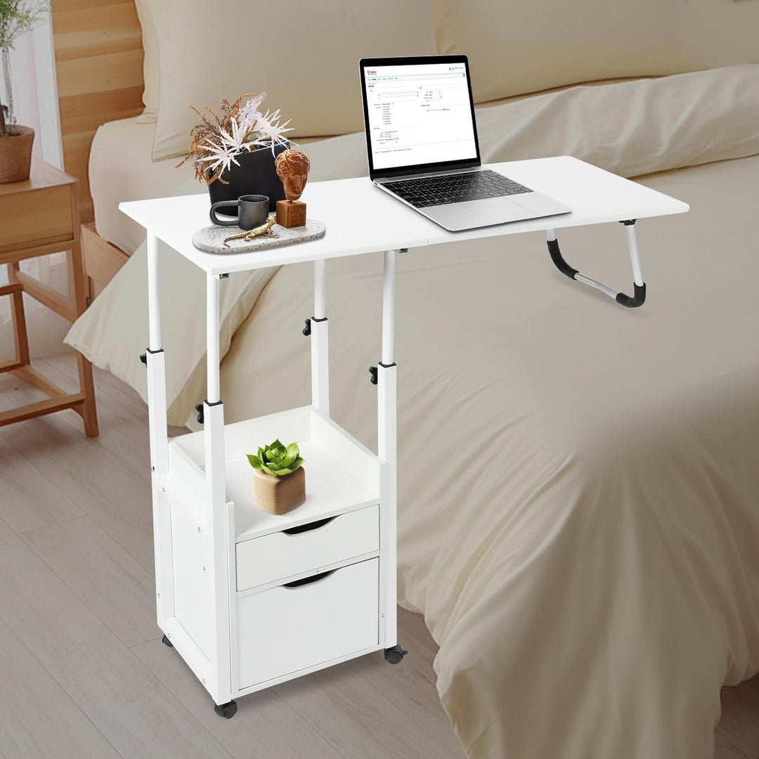 Betttisch mit Rollen und Bremse, Laptoptisch und klappbar, 2 Schubladen und Ablage, Beistelltisch fü