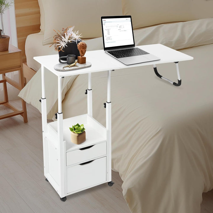Betttisch mit Rollen und Bremse, Laptoptisch und klappbar, 2 Schubladen und Ablage, Beistelltisch fü