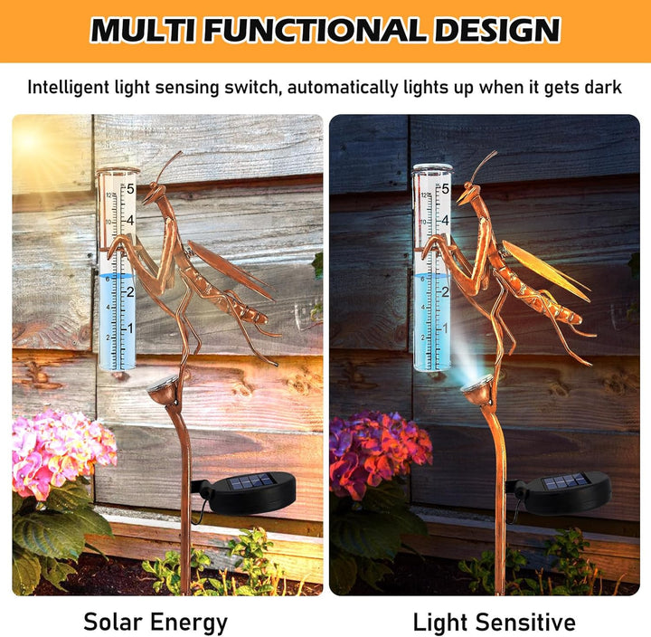 BORDEAG Solar Regenmesser für Garten mit Erdspiess und LED, Solarbetriebener Regenmesser, Dekorative