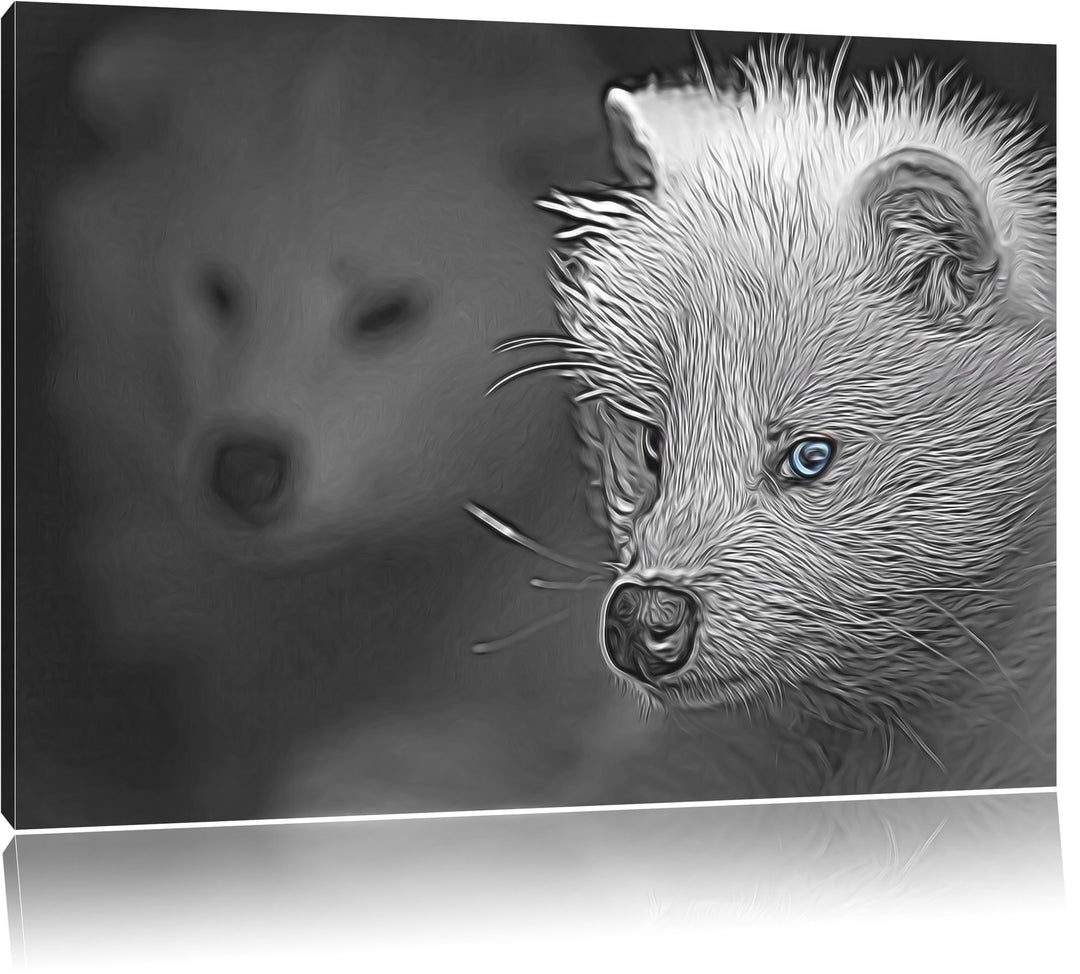hübscher Polarfuchs in Höhle schwarz/weiss Deluxe Format: 100x70 cm auf Leinwand, XXL riesige Bilder