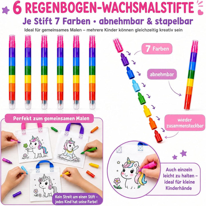Einhorn Taschen zum Bemalen 34-tlg. Set – 14 Stoffbeutel zum Bemalen für Kinder mit 14 Holzanhängern