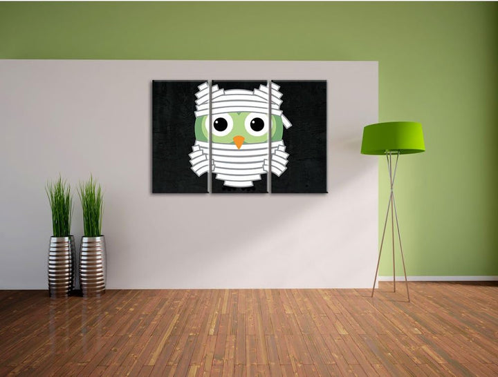 Pixxprint Lustige Mumien Eule als Leinwandbild/Grösse: 3 Teilig (120x80) cm/Wandbild/Kunstdruck/fert