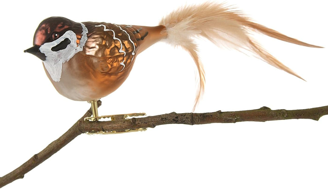 Glas-Vogel, Feldsperling mit Naturfeder, Glasschmuck Made in Germany aus eigener Herstellung, deko V