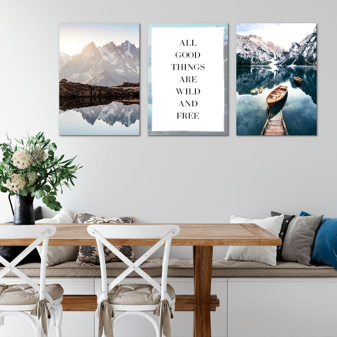 Novart Wandbilder Set Berge und See - KOMPLETT AUFHÄNGFERTIG - Wohnzimmer Schlafzimmer Deko - 3 Mode