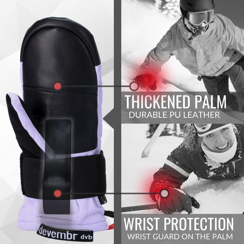 devembr Ski-Fäustlinge mit Handgelenkschützern, Warme Snowboard-Fäustlinge, Wasserdicht S Violett, S