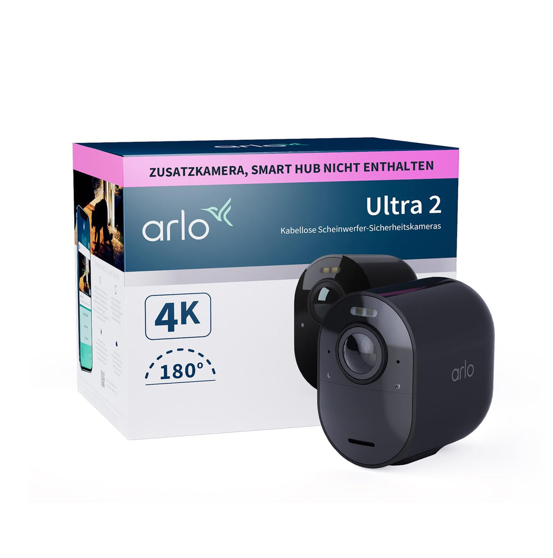 Arlo Ultra 2 Überwachungskamera Aussen WLAN, Kabellos, 4K UHD Qualitätsprodukt, 180° Sichtfeld, Spot