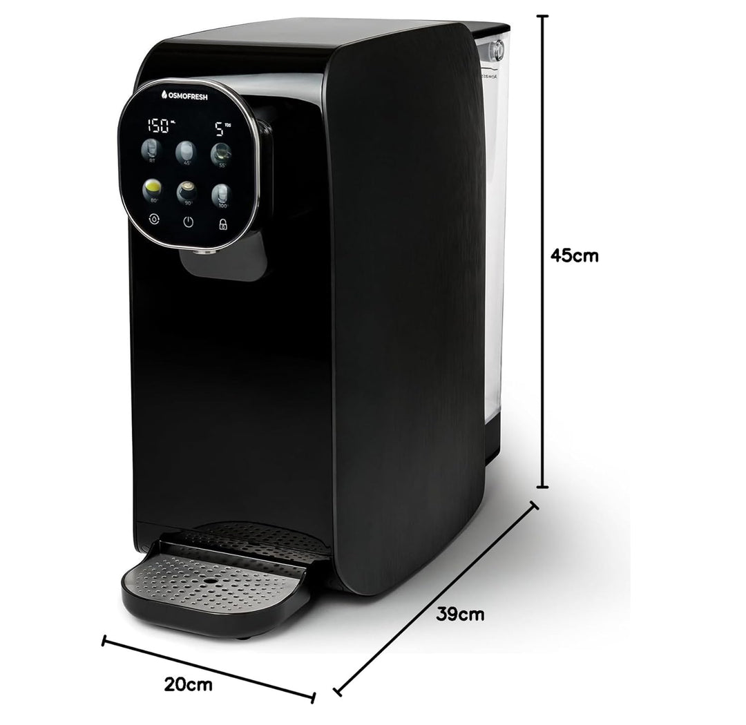 OsmoFresh Auftisch Osmoseanlage Quella Pro Black | mit Heisswasserspender | 6 Temperaturstufen | 7-F