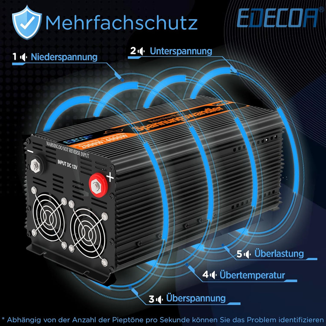 EDECOA Wechselrichter 24v 230v 2000w Reiner Sinus Spannungswandler mit ECO-Modus LCD-Bildschirm 2X U