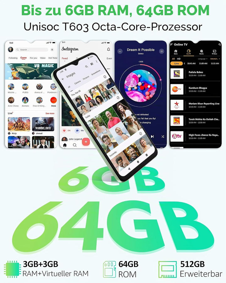 Ulefone Note 19 Handy Android 14, 6GB RAM+64GB ROM/SD-512GB, 6.56" HD+ Octa Core, 5000mAh Akku, 8MP+