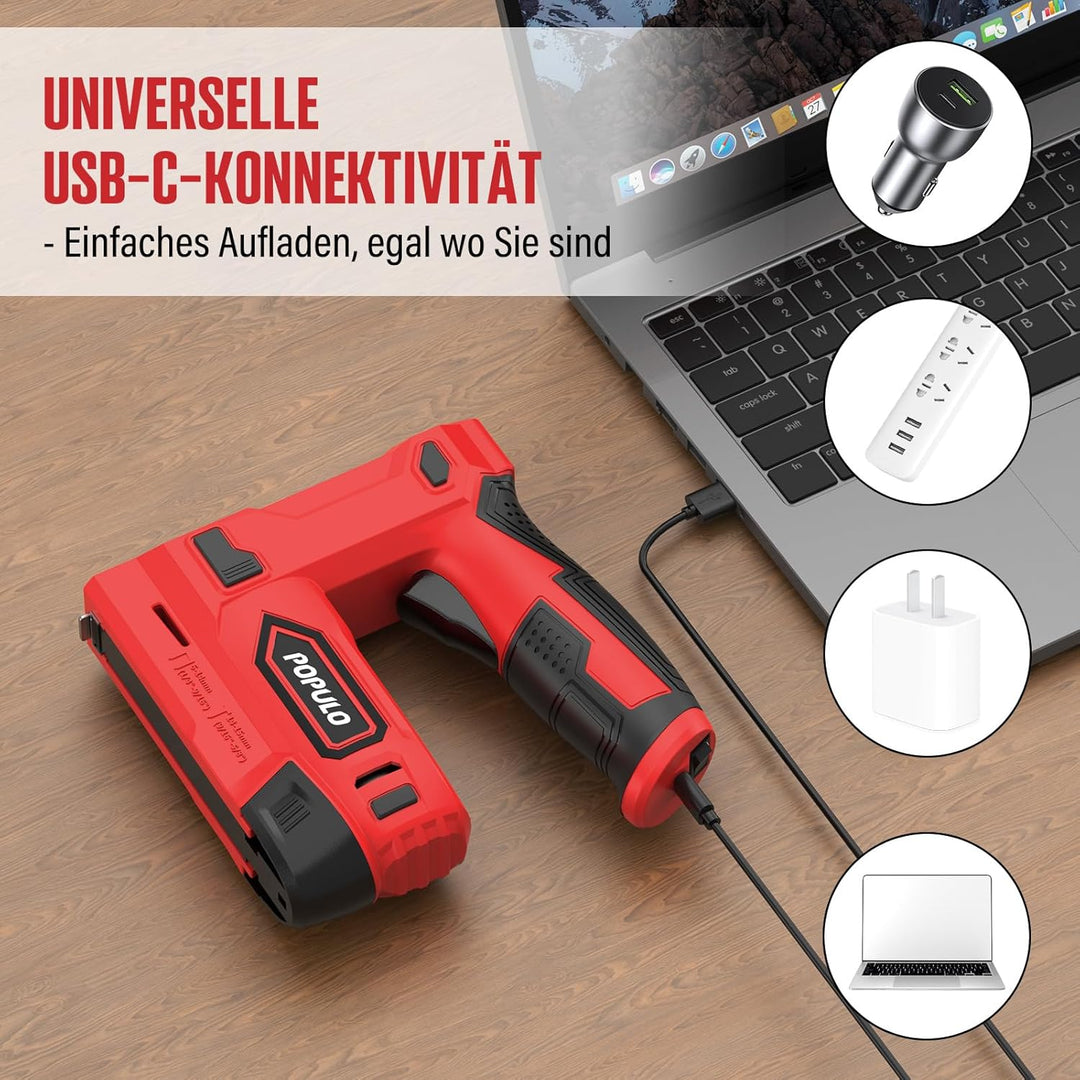 POPULO Akku Tacker, 2-in-1 Lithium-Ionen-Heftgerät, 4V Nagelgerät Set Mit Ladekabel, 1600 Heftklamme