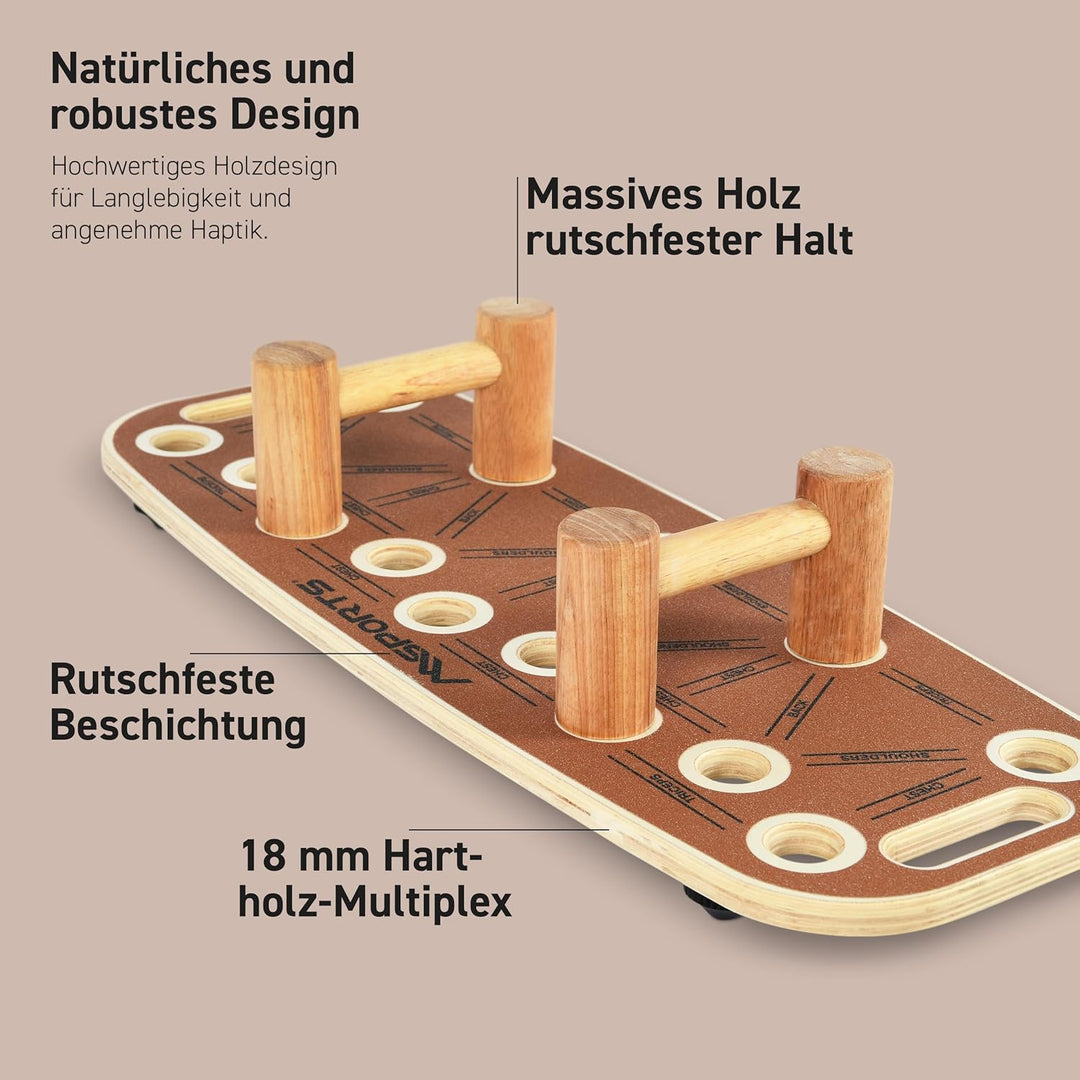 MSPORTS Push-Up Board Holz Premium mit Rolle – Multifunktionales Liegestützbrett für Core, Balance &
