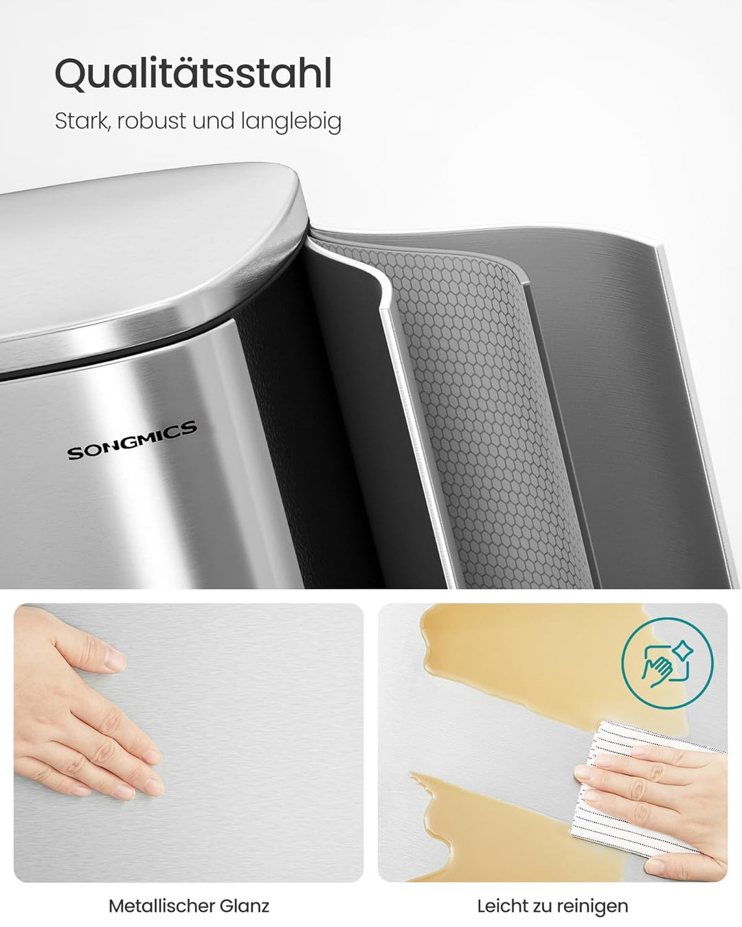 SONGMICS Mülleimer Küche, 50 Liter, Abfalleimer, Treteimer, mit Deckel, Softclose, Fusspedal, Stahl,