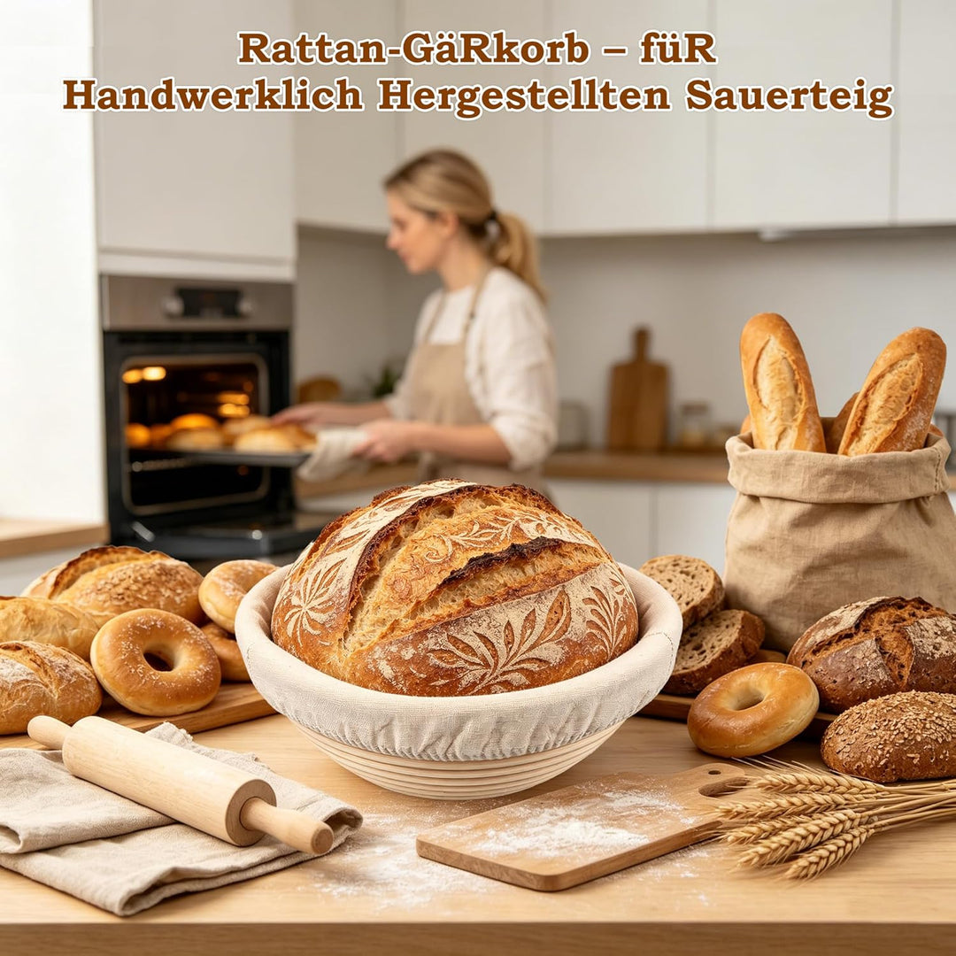 FIVAVA Gärkorb Brot Set, Gärkörbchen Rund 23cm,Brot Backen Zubehör Hochwertiges Rattan Mit Leinenbez