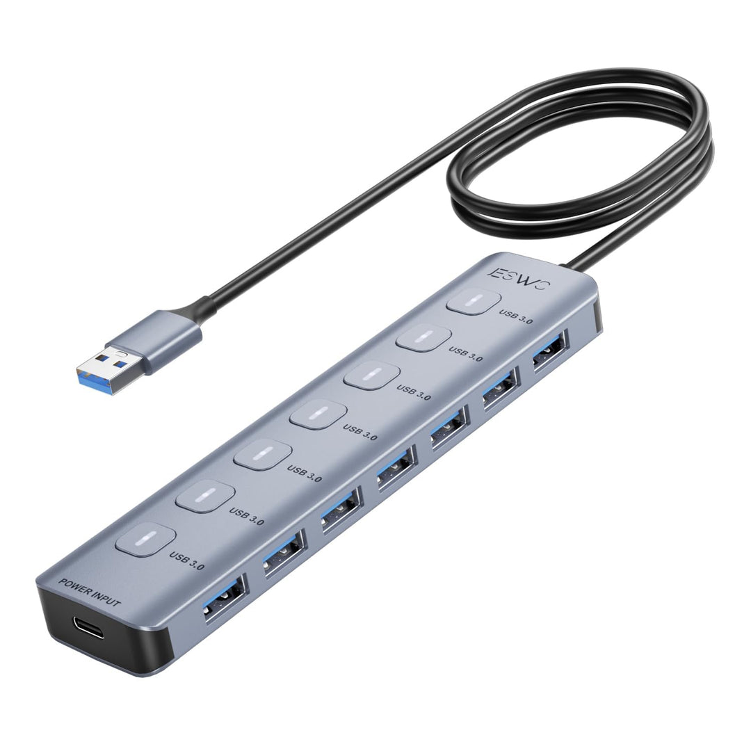 JESWO 7-Port USB 3.0 Hub mit individuellen Schaltern & LED-Anzeigen, Aluminium USB Verteiler 5Gbps,