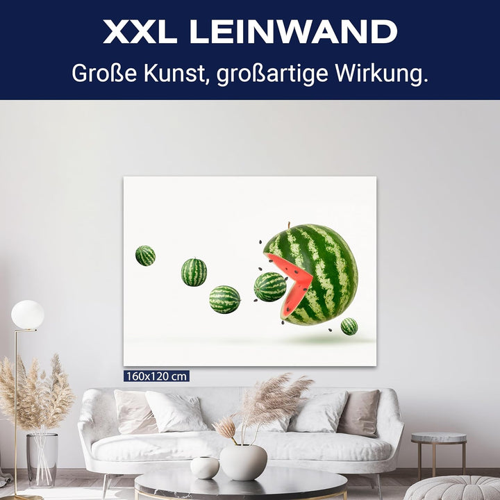 wandmotiv24 Obst & Gemüse als Leinwandbild, 100x75cm, Querformat, Wassermelone, Pacman, Küche, Leben
