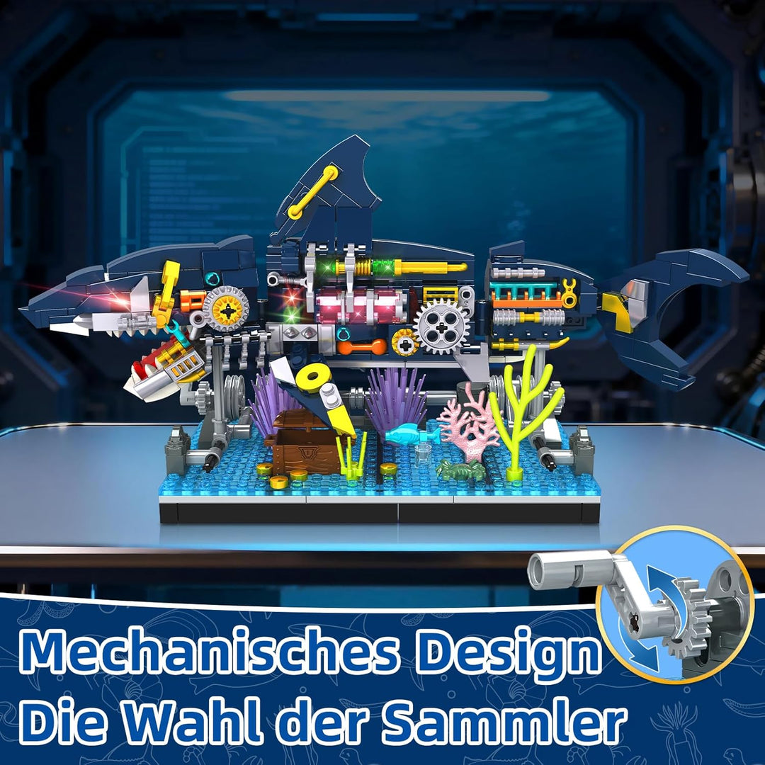 kiothdre Hai Bausatz mit Mechanische Drehbare Tier Hai Bauspielzeug, Meerestier Bausteine mit Stände