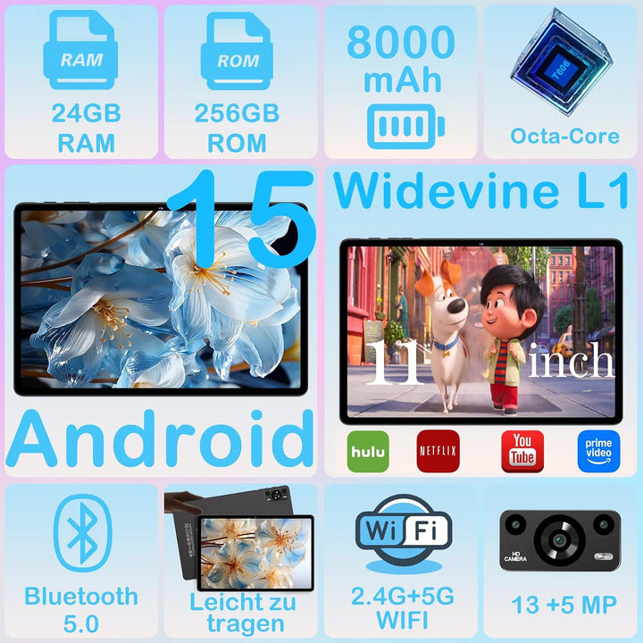 2026 Neueste Tablet 11 Zoll Android 15 Tablets, 8000mAh, Gemini AI, 24GB RAM + 256GB ROM(TF 2TB), Wi