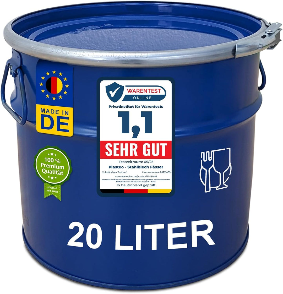 plasteo® Stahlfass 20 Liter Hobbock Deckelfass | Zyklon Staubabsaugung Geeignet | Metall Blechfass M