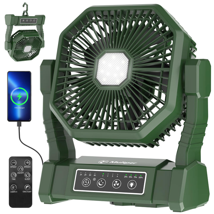 Multper Campingventilator mit LED-Licht, 10000 mAh Wiederaufladbarer Outdoor Zeltventilator mit Hake