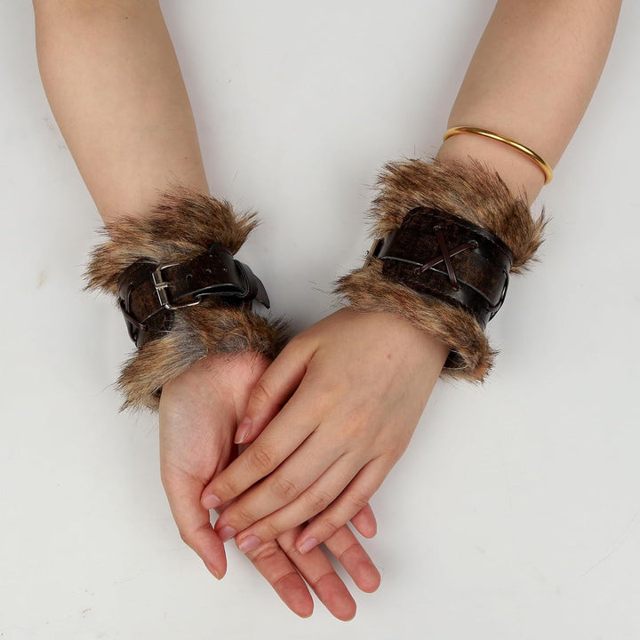 keland 1 Paar Wikinger Pelz Leder Armschienen Armschutz Mittelalter Armbänder für Damen Herren (X-Br