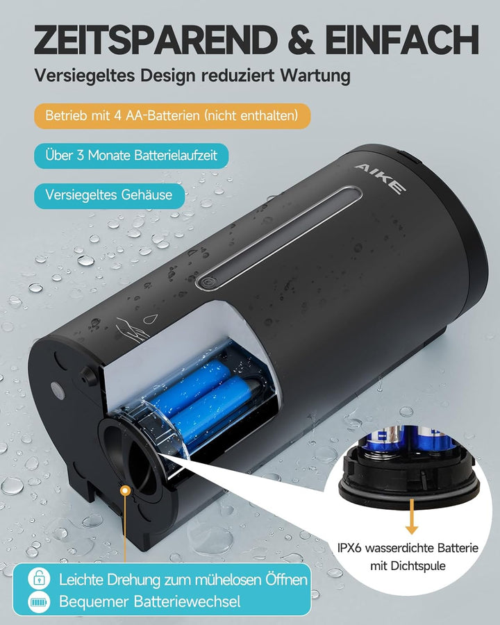 AIKE AK1205 Seifenspender Automatisch Wandbefestigung Mattschwarz, 800ml Kommerzieller Automatischer